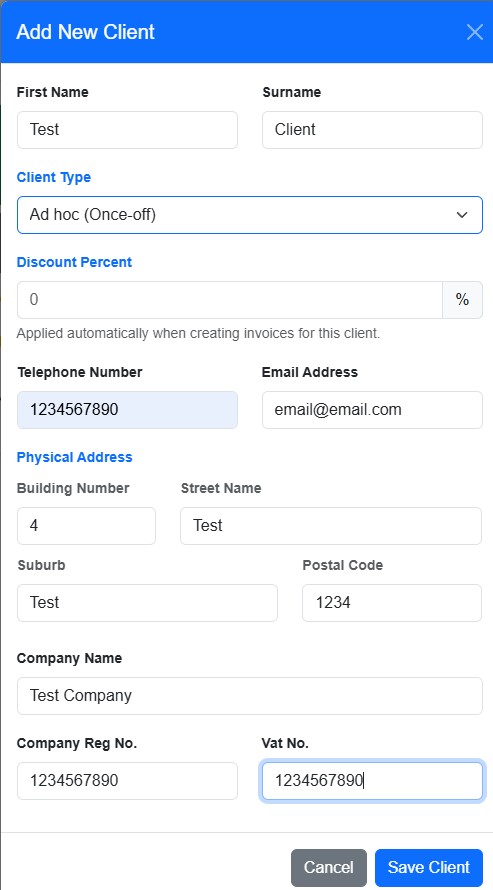 Add new client form screenshot