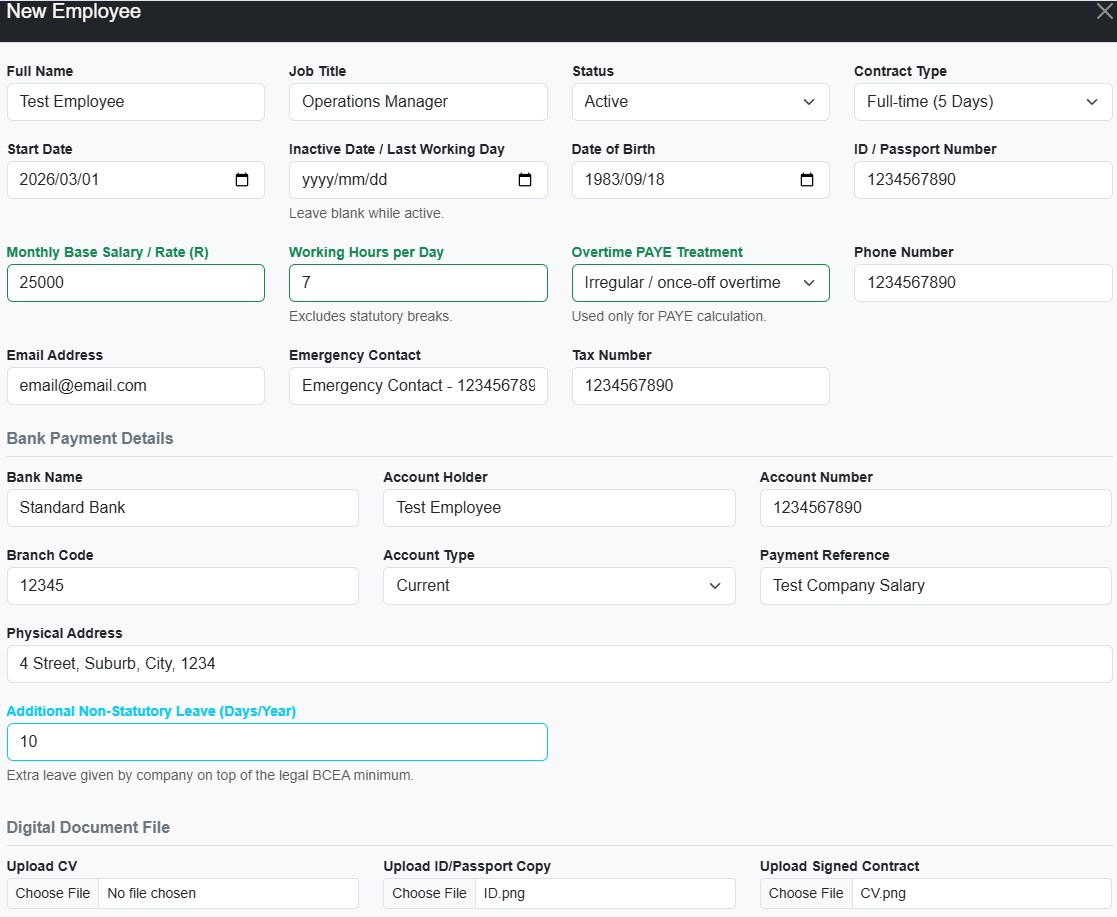 Employee administration form screenshot